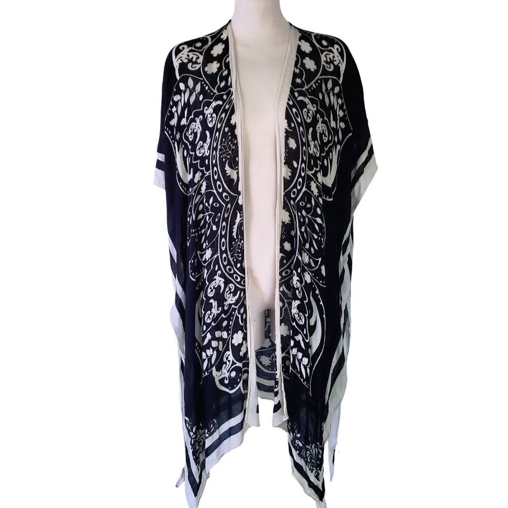 Yak & Yedi Black & White Gauzy Flowing Kimono Shawl Midi Coastal Cowgirl O/S - Picture 4 of 13